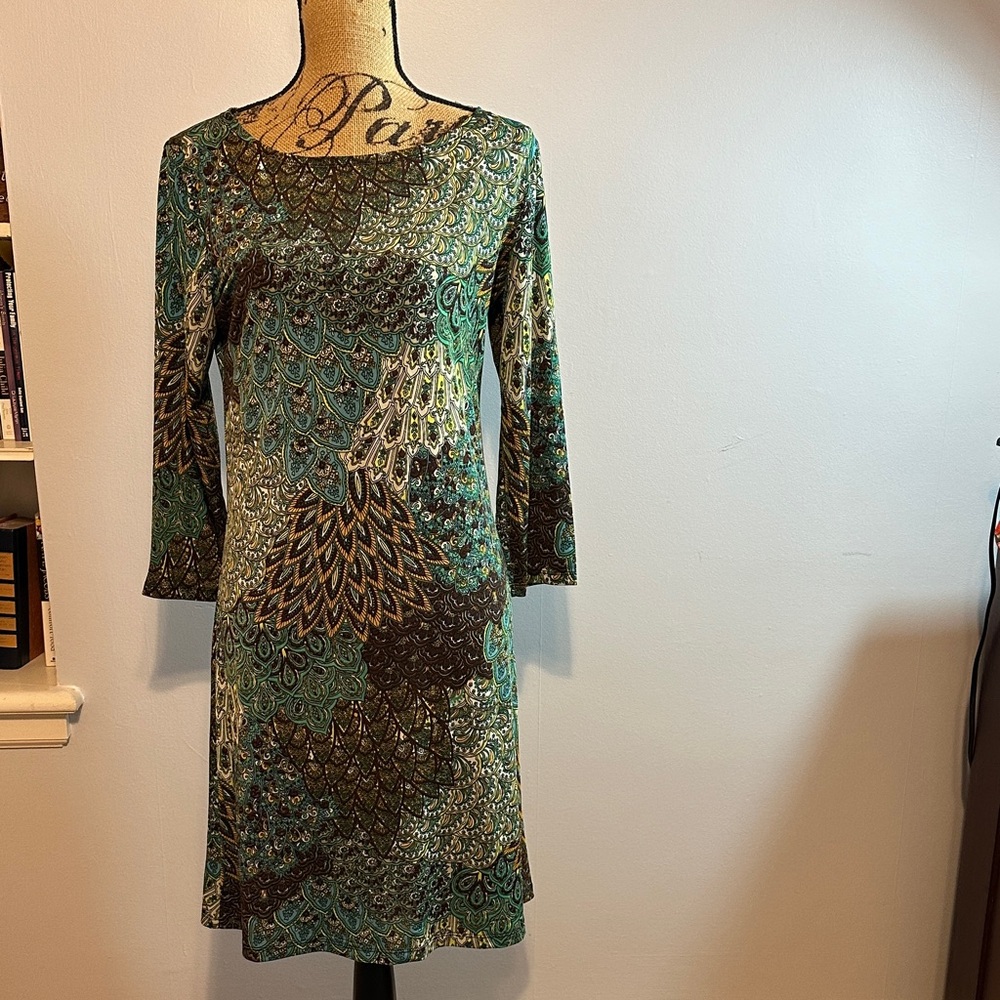 Travel knit Green Peacock pattern Dress
